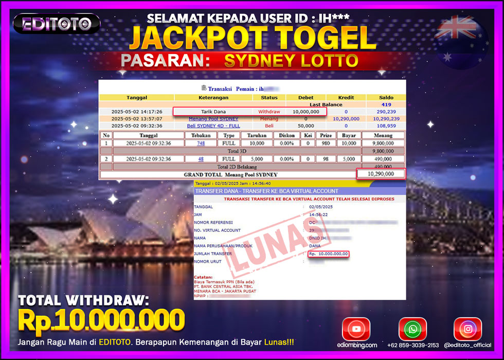 JACKPOT EDITOTO TOGEL PASARAN SYDNEY LOTTO Rp.10.000.000.,- LUNAS