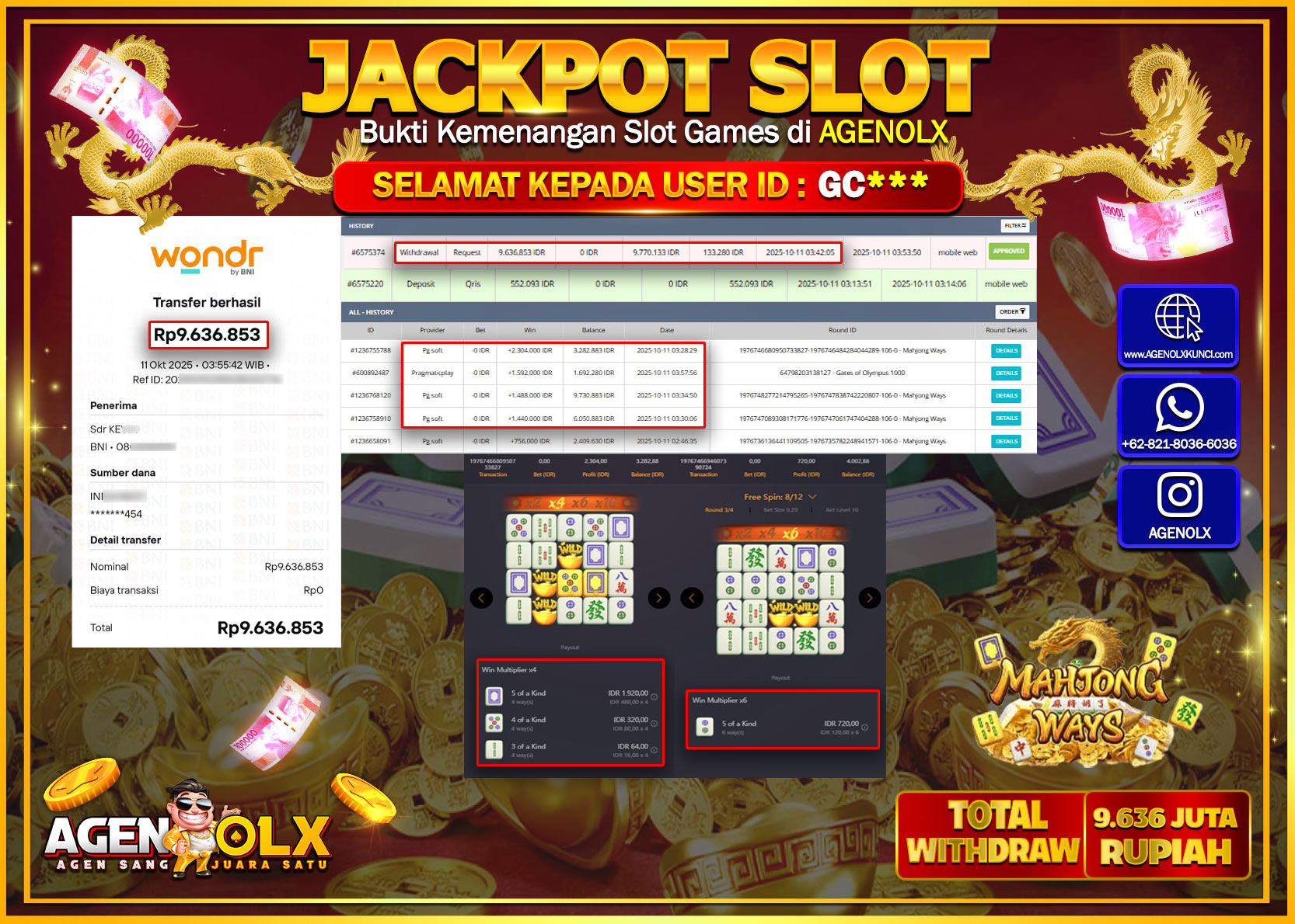 AGENOLX JACKPOT SLOT  MAHJONG WAYS Rp 9,636,853,- LUNAS