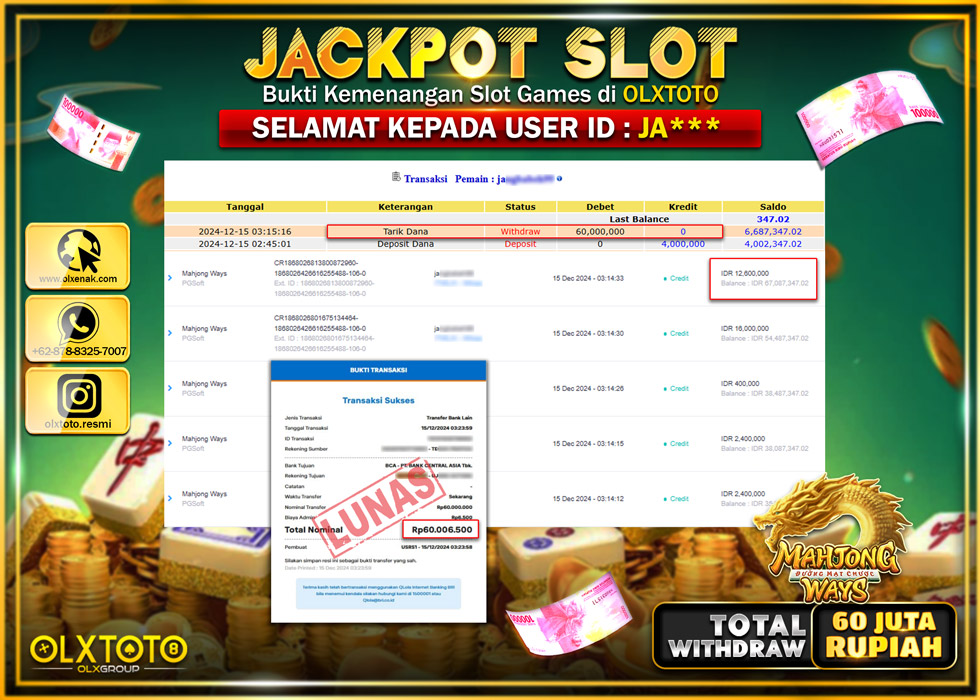 OLXTOTO JACKPOT  SLOT MAHJONG WAYS Rp.60.000.000.,- LUNAS