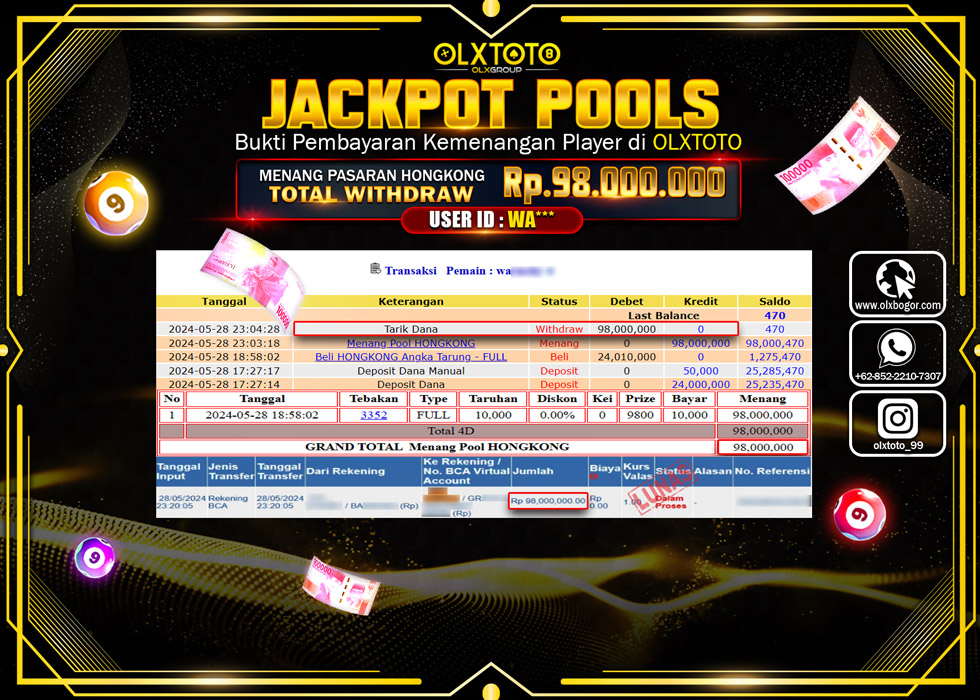 OLXTOTO JACKPOT TOGEL POOL HONGKONG  Rp.98.000.000.,- LUNAS