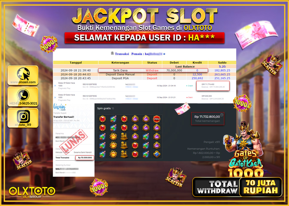 OLXTOTO JACKPOT  SLOT GATES OF GATOT KACA 1000 Rp.70.000.000.,- LUNAS