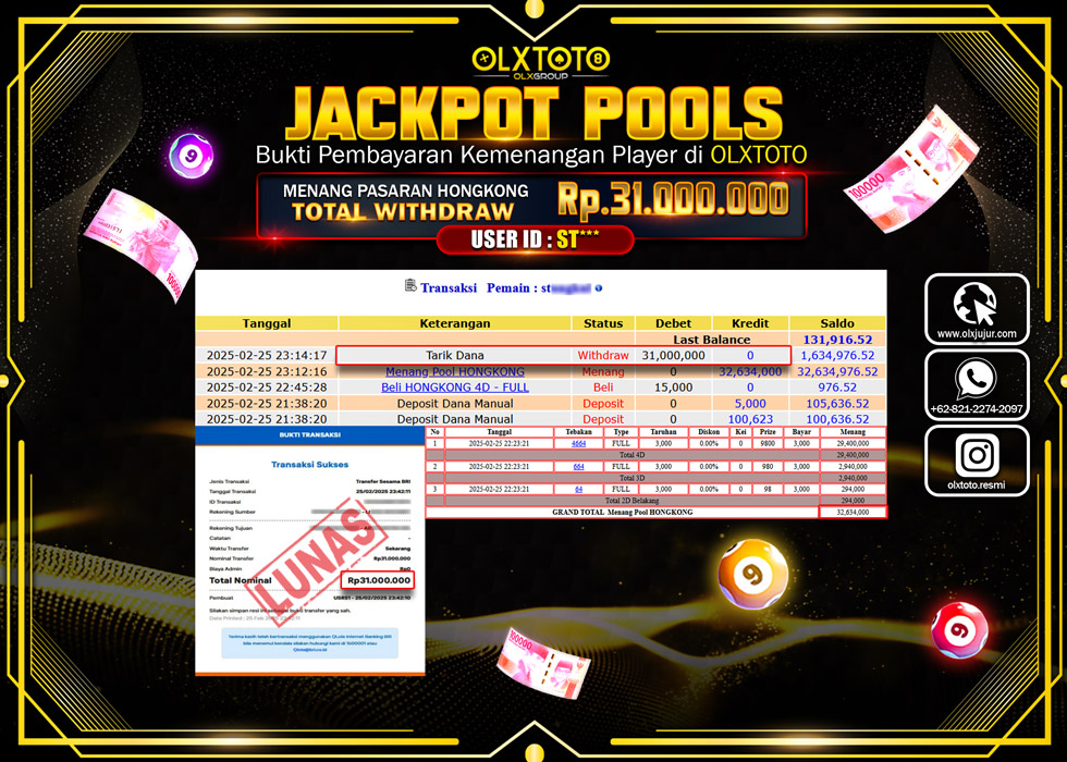 OLXTOTO JACKPOT TOGEL PASARAN HONGKONG Rp.31.000.000.,- LUNAS