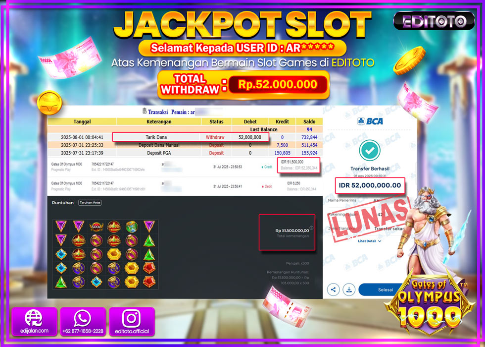 JACKPOT EDITOTO SLOT GATES OF OLYMPUS 1000 Rp.52.000.000,- LUNAS 