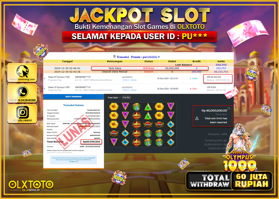 OLXTOTO JACKPOT  SLOT GATES OF OLYMPUS 1000  Rp.60.000.000.,- LUNAS