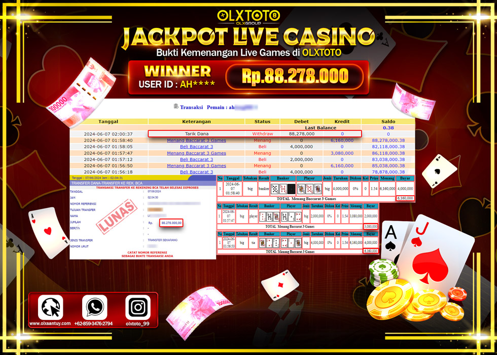 OLXTOTO JACKPOT LIVE GAMES BACCARAT 3 GAMES Rp.88.278.000.,- LUNAS