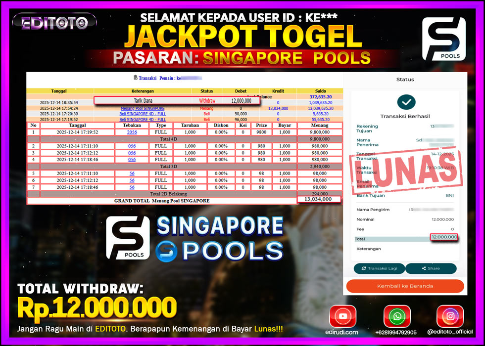 JACKPOT EDITOTO TOGEL PASARAN SINGAPORE POOLS Rp.12.000.000.,- LUNAS 