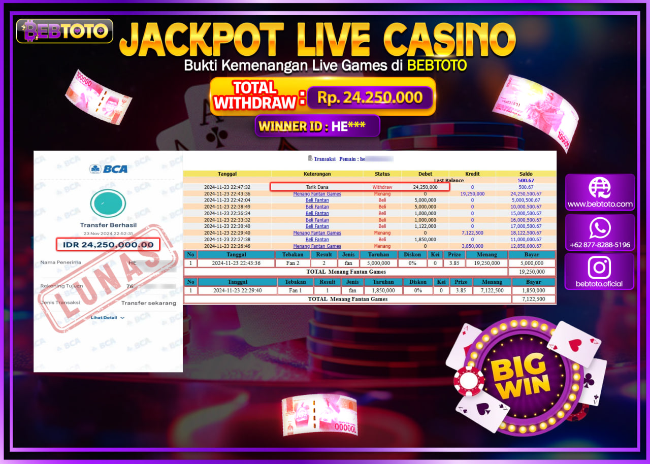 JACKPOT LIVE CASINO BEBTOTO FANTAN GAMES Rp.24.250.000.,- LUNAS