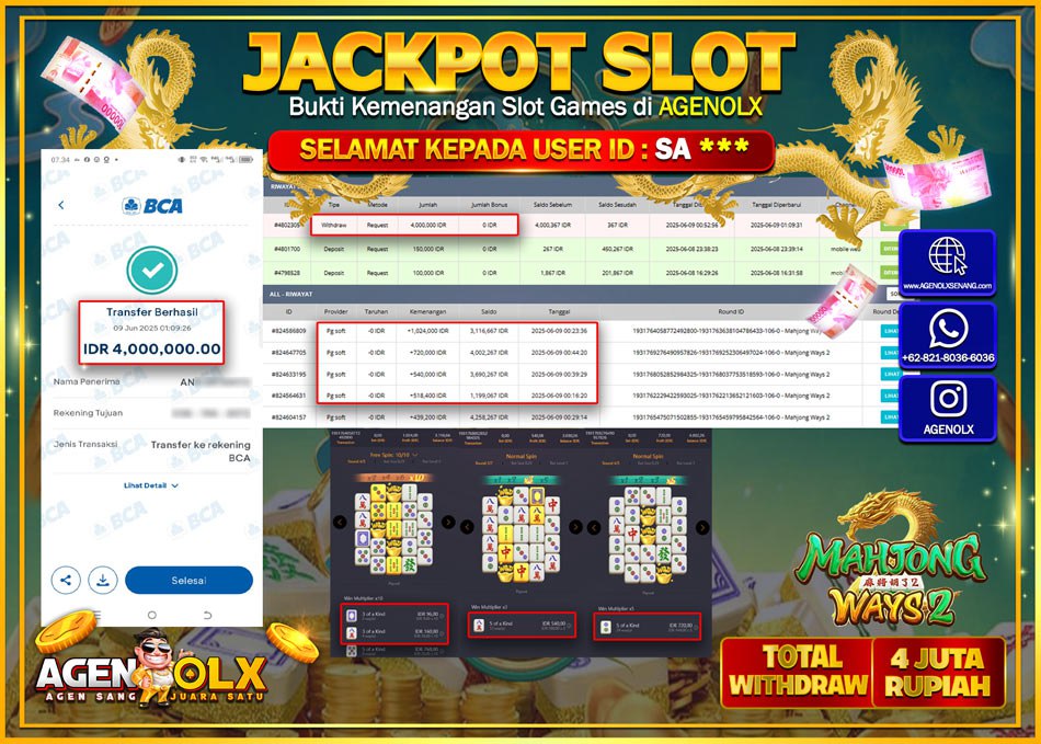 AGENOLX JACKPOT SLOT MAHJONG WAYS 2  Rp 4.000.000,- LUNAS