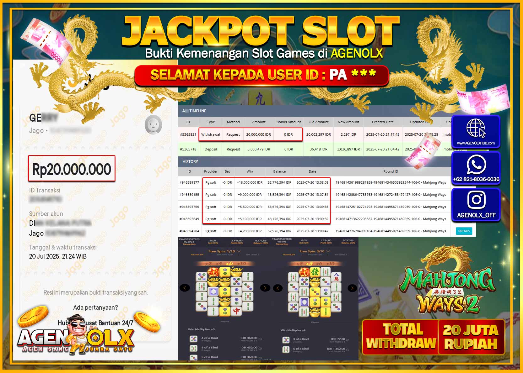 AGENOLX JACKPOT  SLOT MAHJONG WAYS 2 Rp 20.000.000,- LUNAS