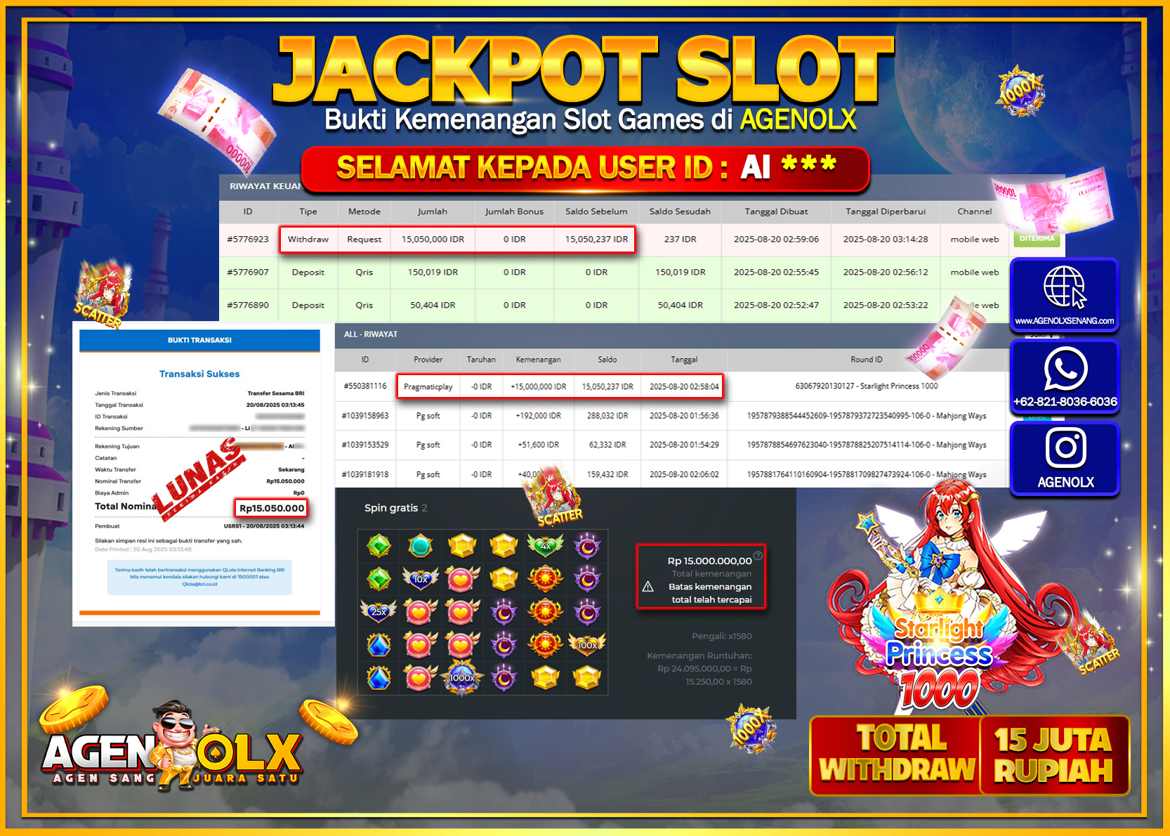 AGENOLX JACKPOT  SLOT STARLIGHT PRINCESS 1000 Rp 15,050,000,- LUNAS