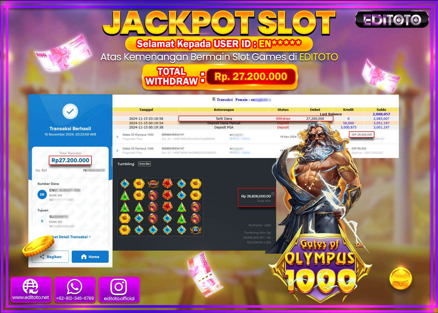 JACKPOT SLOT GATES OF OLYMPUS 1000 Rp.27.200.000.,- LUNAS