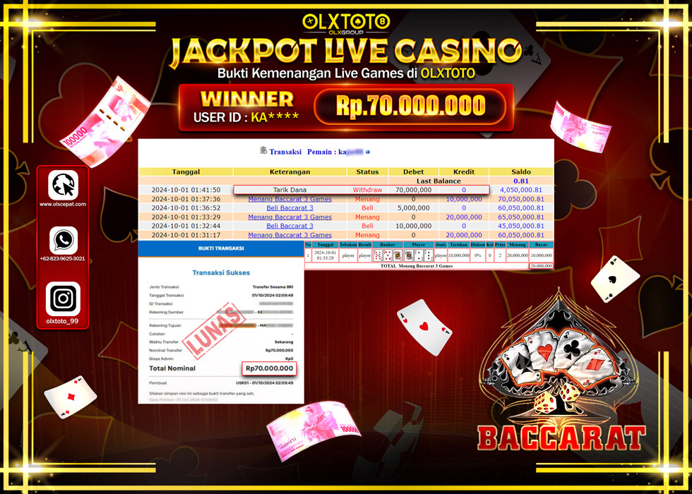 OLXTOTO JACKPOT  LIVE GAMES BACCARAT 3 Rp.70.000.000.,- LUNAS