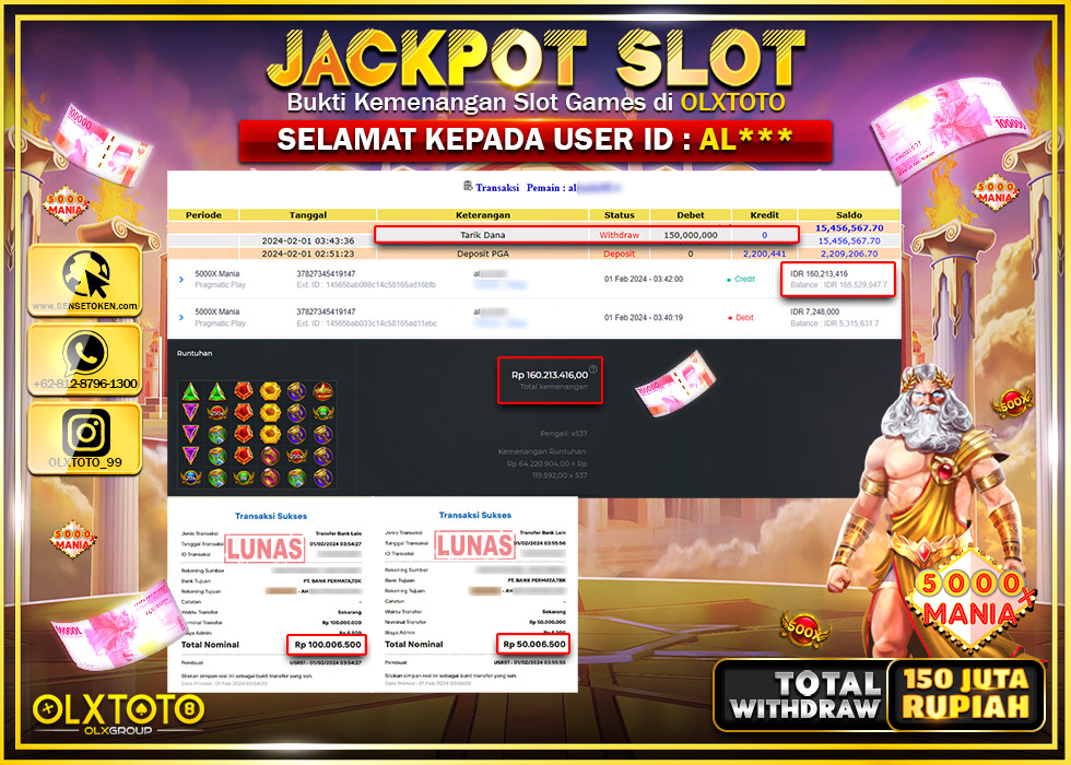 OLXTOTO JACKPOT SLOT 5000X MANIA Rp.150.000.000.,- LUNAS