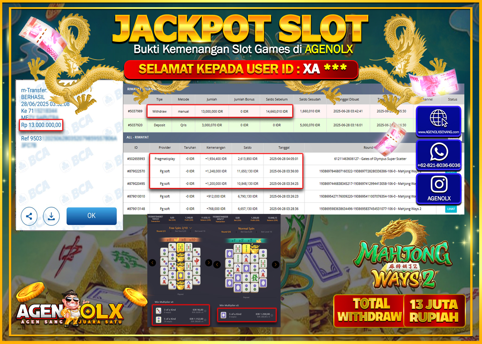 AGENOLX JACKPOT SLOT MAHJONG WAYS 2 Rp 13.000.000,- LUNAS
