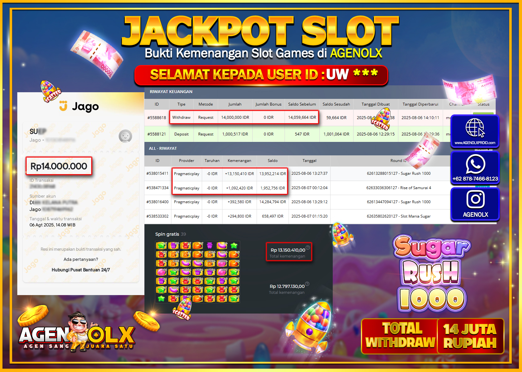 AGENOLX JACKPOT SLOT SUGAR RUSH 1000  Rp 14.000.000,- LUNAS