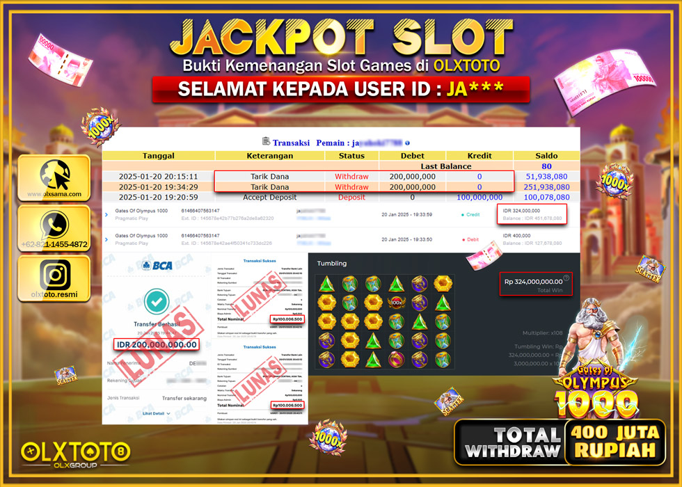 OLXTOTO JACKPOT  SLOT GATES OF OLYMPUS 1000 Rp.400.000.000.,- LUNAS