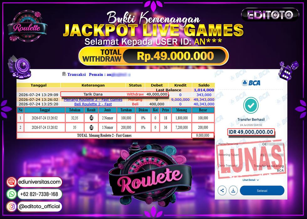JACKPOT EDITOTO LIVE GAMES ROULETTE GAMES Rp. 49.000.000.,- LUNAS