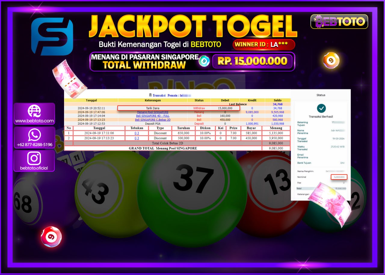 JACKPOT TOGEL BEBTOTO SINGAPORE POOLS Rp.15.000.000.,- LUNAS