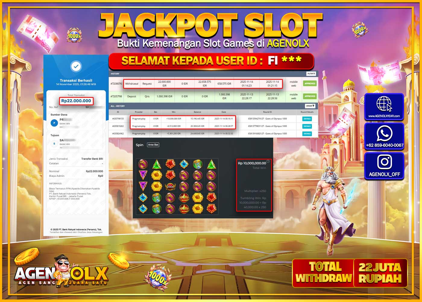 AGENOLX JACKPOT SLOT GATES OLYMPUS 1000 Rp 22,000,000,- LUNAS