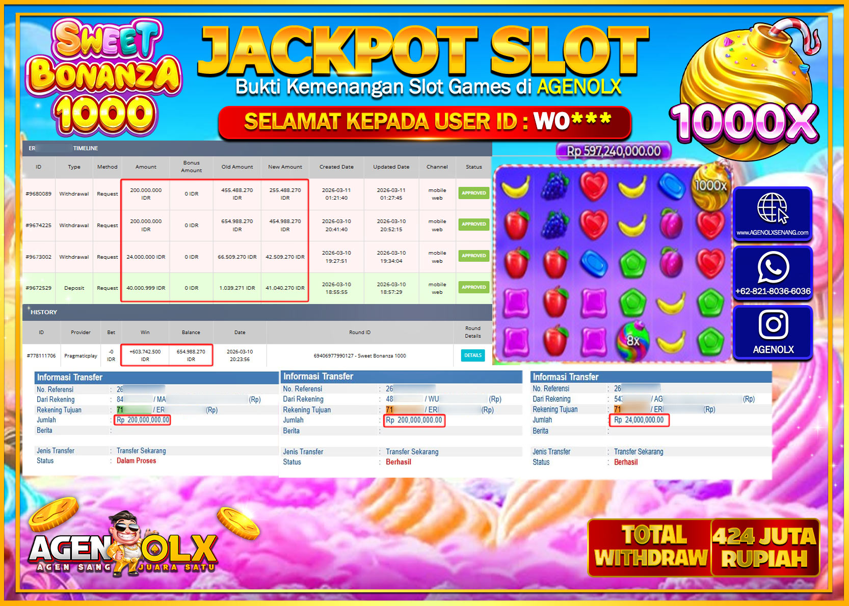 AGENOLX JACKPOT SLOT SWEET BONANZA 1000  Rp 424.000.000 - LUNAS
