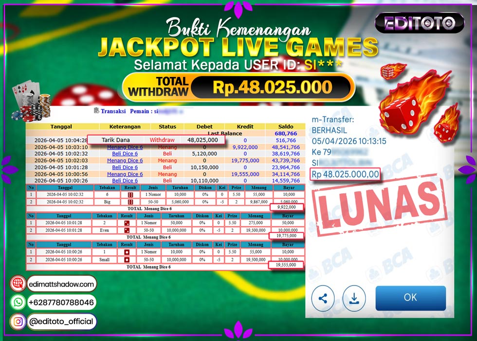JACKPOT EDITOTO LIVE GAMES DICE 6 Rp. 48.025.000.,- LUNAS