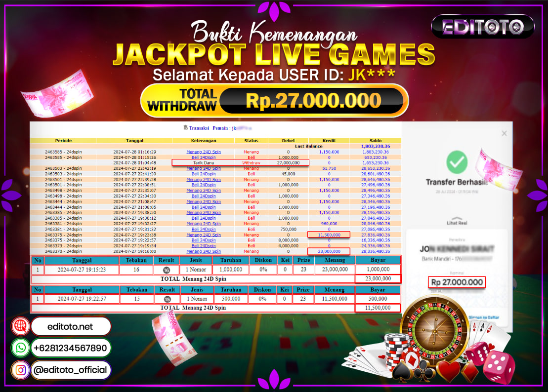 JACKPOT LIVE GAME EDITOTO 24D SPIN Rp.27.000.000.,- LUNAS