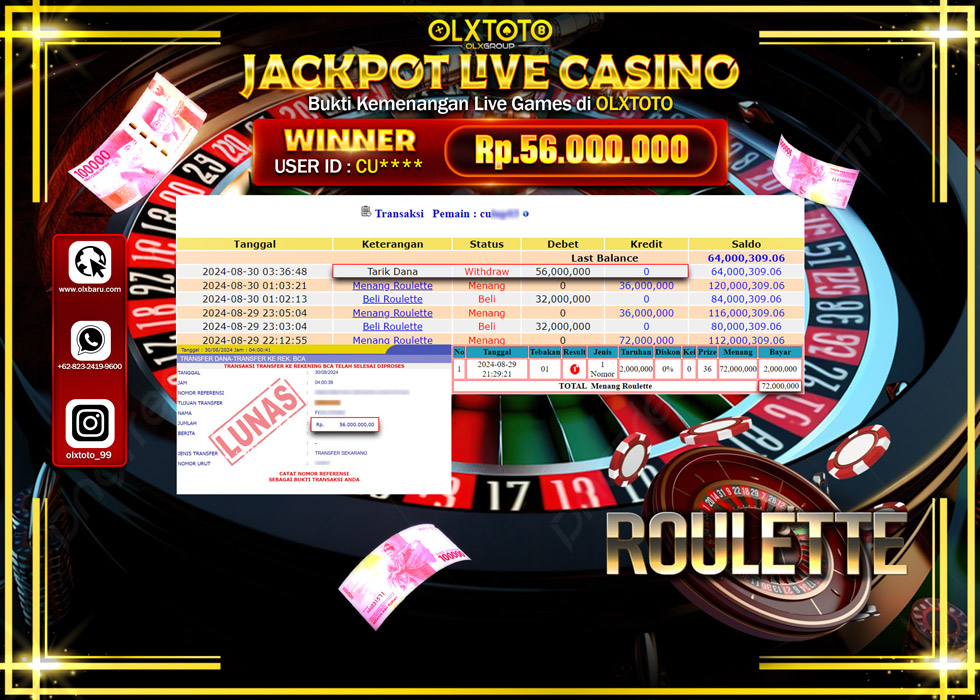 OLXTOTO JACKPOT  LIVE GAMES ROULETTE Rp.56.000.000.,- LUNAS