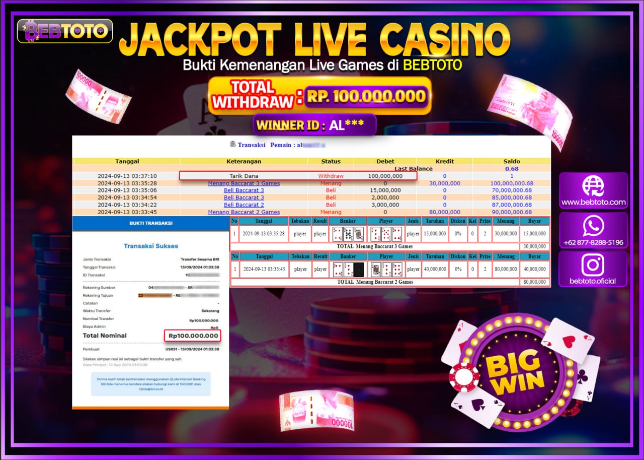 JACKPOT LIVE CASINO BEBTOTO BACCARAT 3 Rp.100.000.000.,- LUNAS
