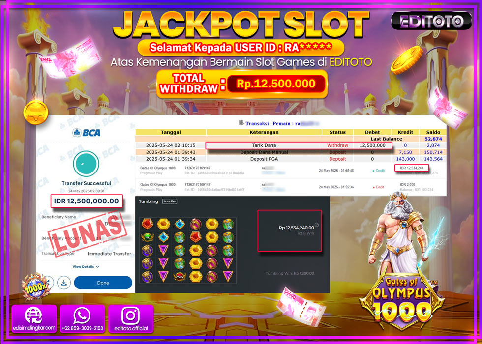 JACKPOT EDITOTO SLOT GATES OF OLYMPUS 1000 Rp.12.500.000,- LUNAS