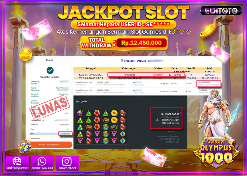 JACKPOT EDITOTO SLOT GATES OF OLYMPUS 1000 Rp.12.450.000,- LUNAS