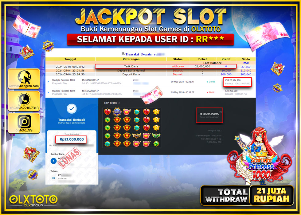 OLXTOTO JACKPOT SLOT STARLIGHT PRINCESS 1000 Rp.21.000.000.,- LUNAS