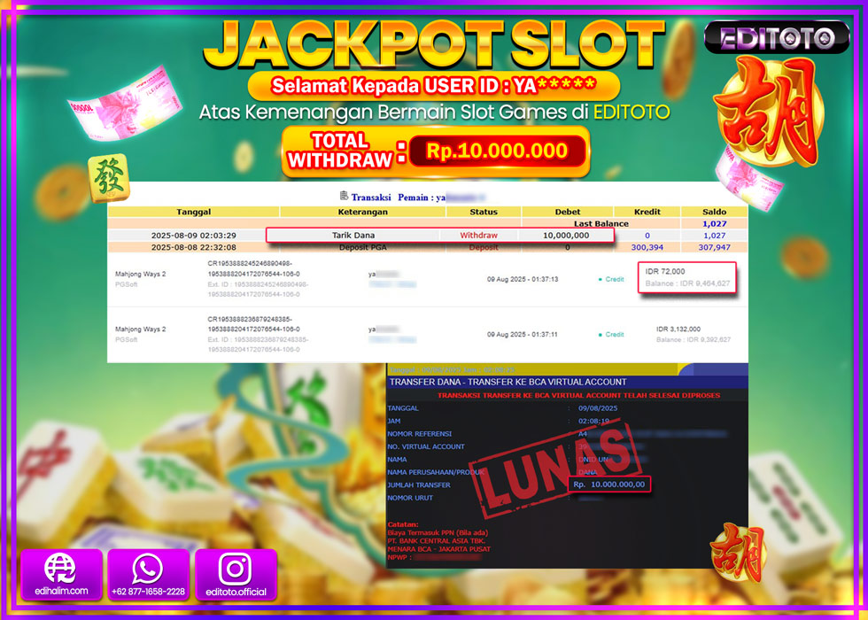 JACKPOT EDITOTO SLOT MAHJONG WAYS 2 Rp.10.000.000,- LUNAS 