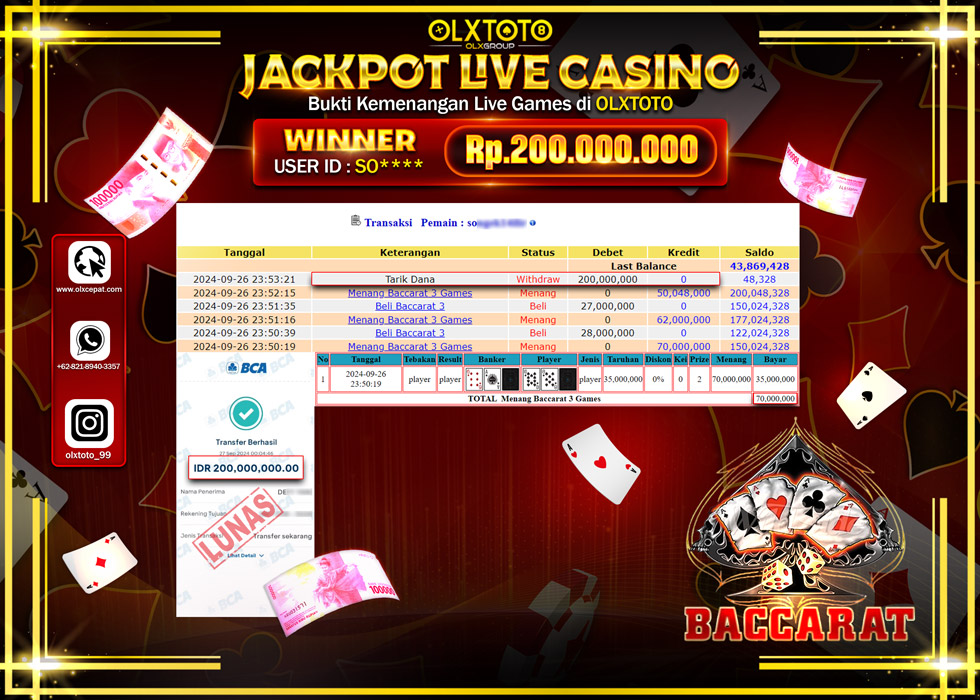 OLXTOTO JACKPOT  LIVE GAMES BACCARAT 3 Rp.200.000.000.,- LUNAS