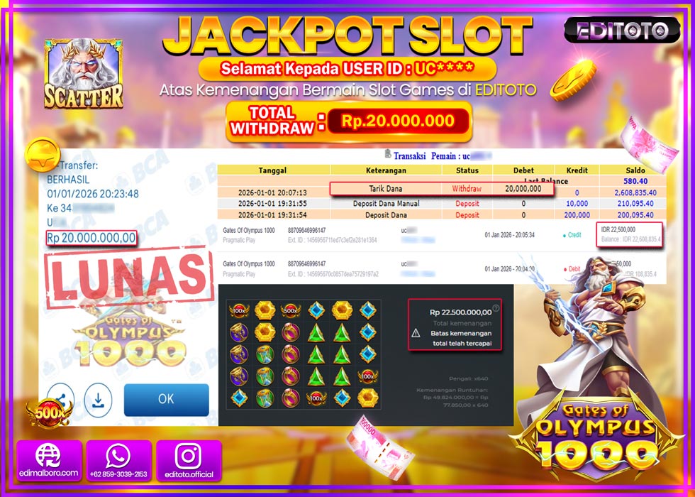 JACKPOT EDITOTO SLOT GATES OF OLYMPUS 1000  Rp.20.000.000,- LUNAS  