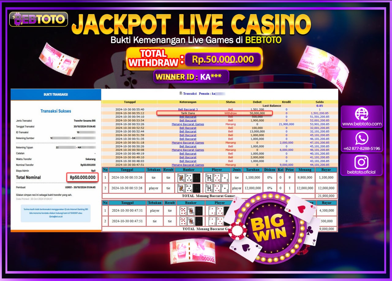 JACKPOT LIVE CASINO BEBTOTO BACCARAT Rp.50.000.000.,- LUNAS
