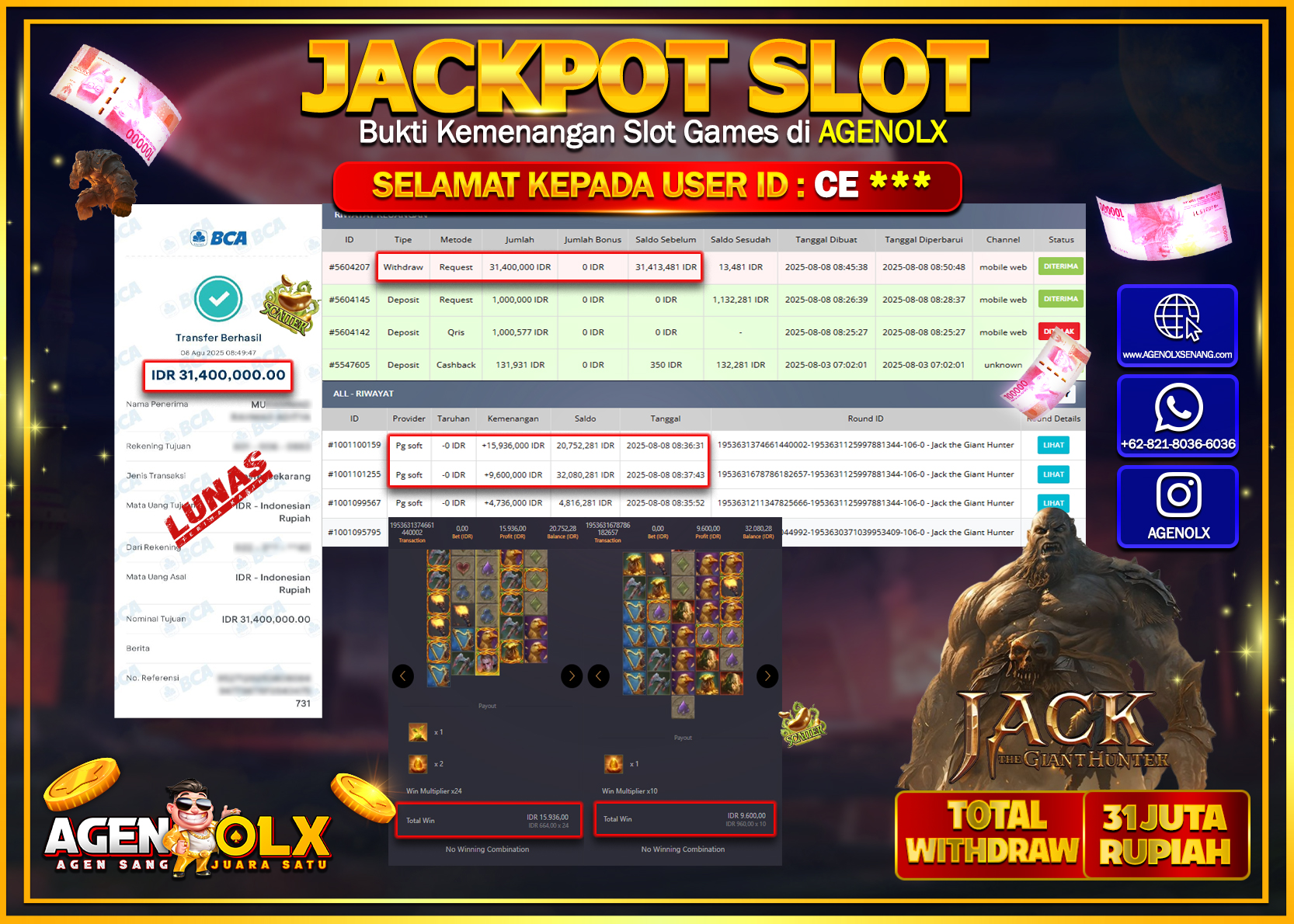 AGENOLX JACKPOT SLOT JACK THE GLANT HUNTER  Rp 31.400.000,- LUNAS