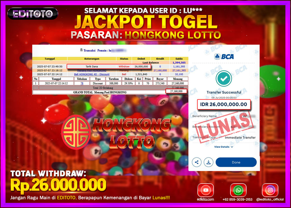 JACKPOT EDITOTO TOGEL PASARAN HONGKONG LOTTO Rp.26.000.000.,- LUNAS