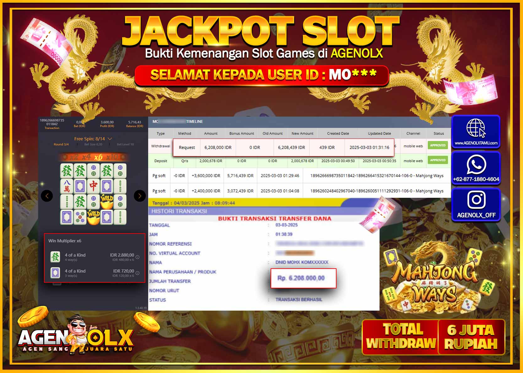 AGENOLX JACKPOT  MAHJONG WAYS Rp 6.208.000,- LUNAS