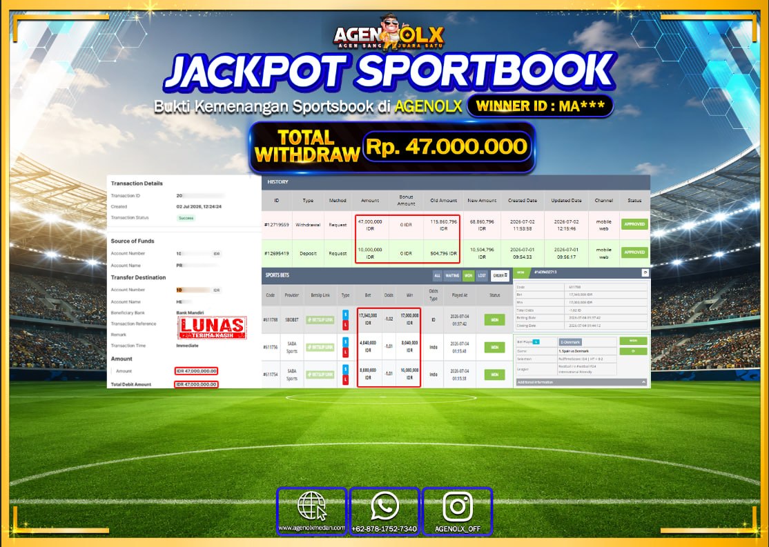 AGENOLX JACKPOT SPORTBOOK SABA SPORTS Rp 47.000.000- LUNAS