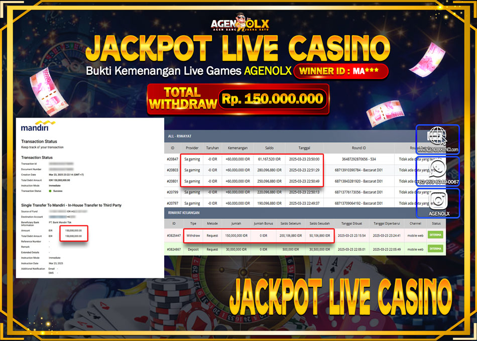 AGENOLX JACKPOT LIVE CASSINO SA GAMING  Rp 150.000.000,- LUNAS