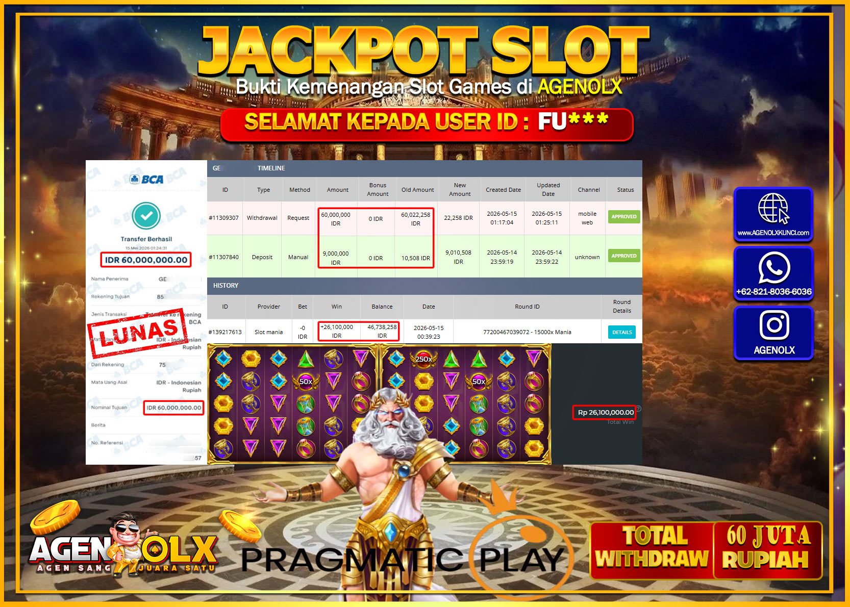AGENOLX JACKPOT SLOT MANIA 15000X MANIA  Rp 60.000.000 - LUNAS