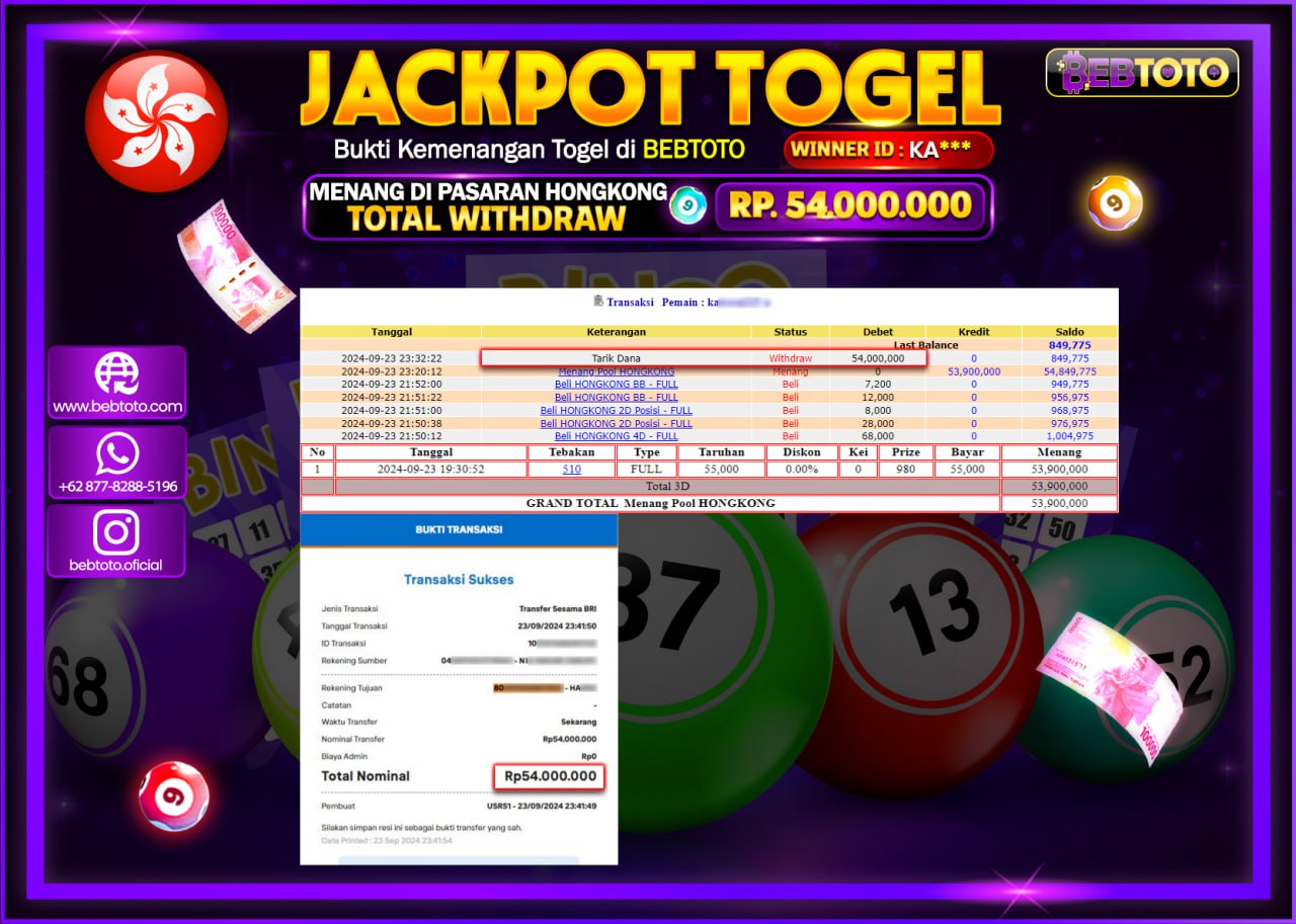 JACKPOT TOGEL BEBTOTO HONGKONG POOLS Rp.54.000.000.,- LUNAS