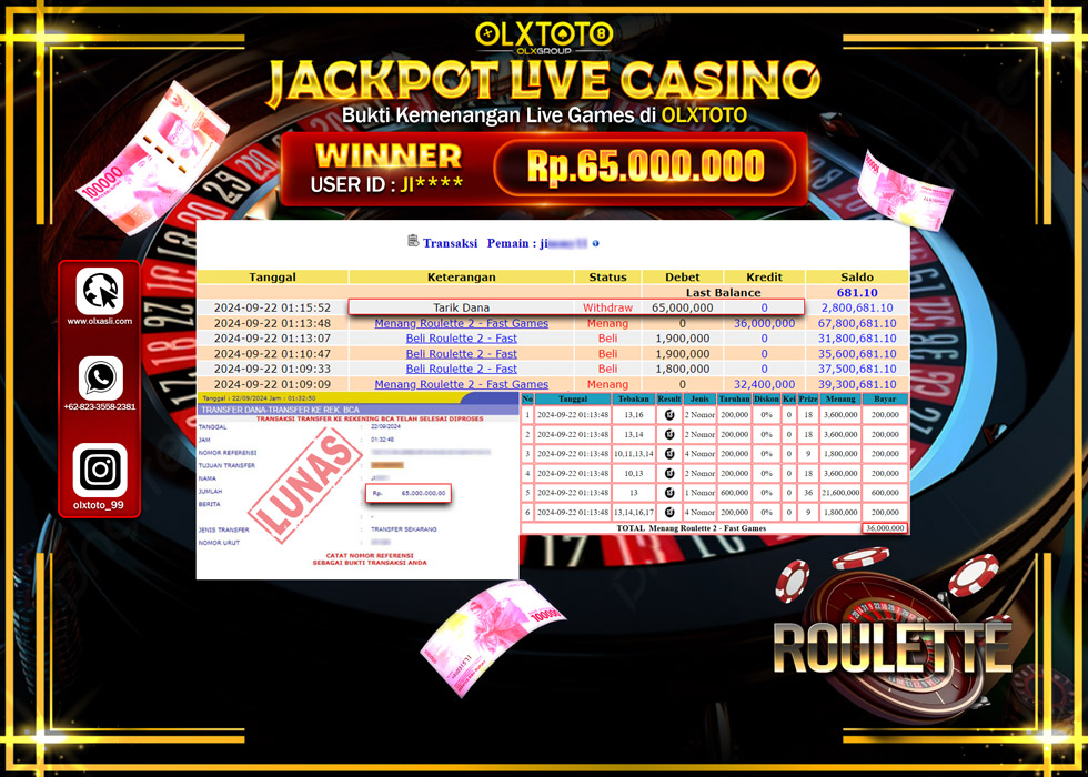 OLXTOTO JACKPOT  LIVE GAMES ROULETTE 2 Rp.65.000.000.,- LUNAS