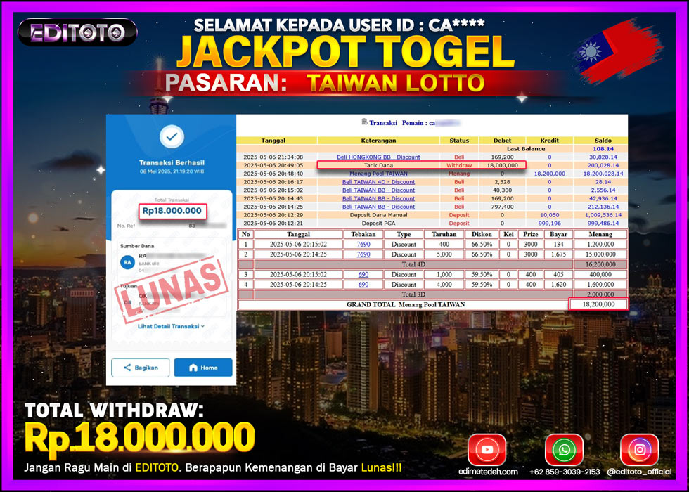 JACKPOT EDITOTO TOGEL TAIWAN LOTTO Rp.18.000.000,- LUNAS