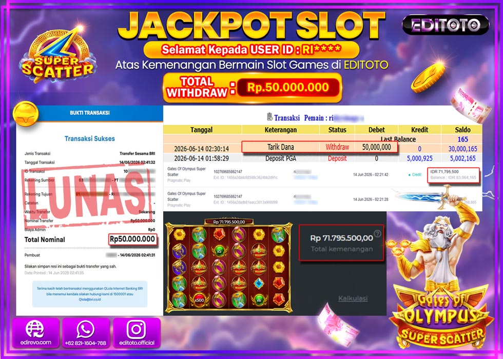 JACKPOT EDITOTO SLOT GATES OF OLYMPUS SUPER SCATTER Rp.50.000.000,- LUNAS