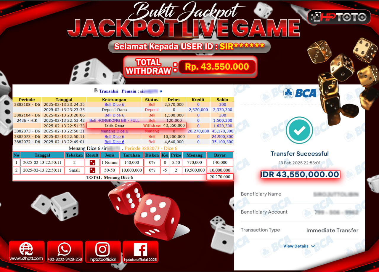 HPTOTO JACKPOT LIVE GAMES DICE 6 Rp.43.550.000,- LUNAS