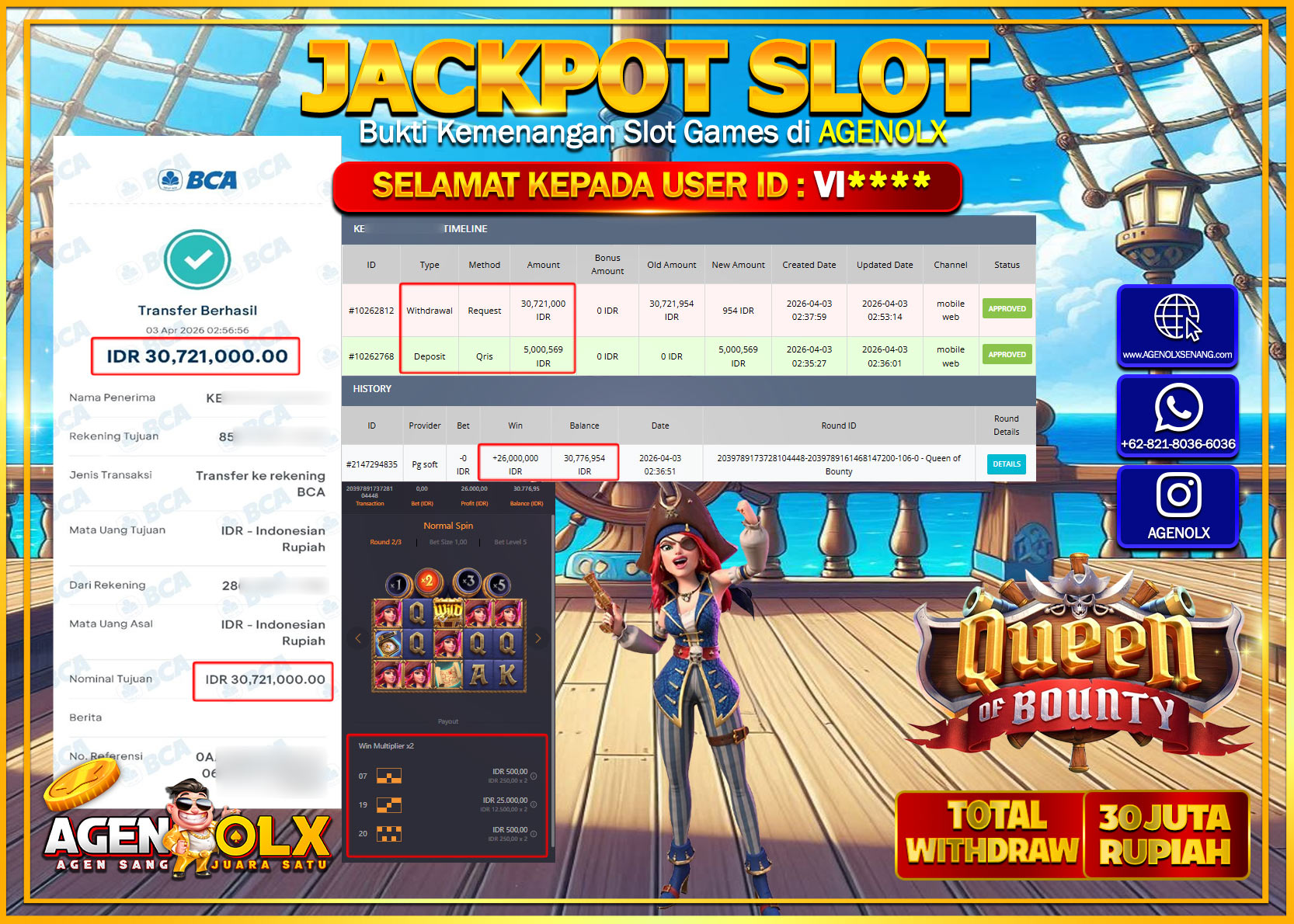AGENOLX JACKPOT SLOT QUEEN OF BOUNTY Rp 30.721.000 - LUNAS