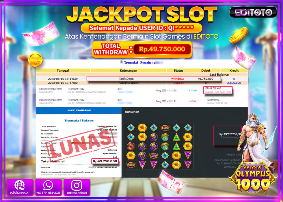 JACKPOT EDITOTO SLOT GATES OF OLYMPUS 1000 Rp.49.750.000,- LUNAS 