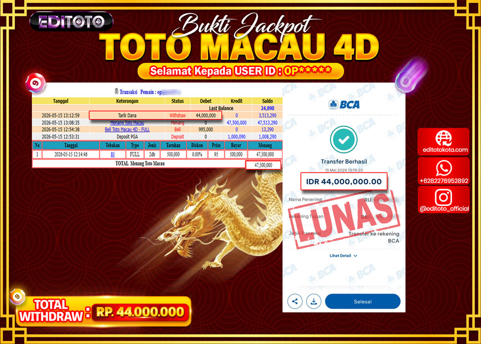 JACKPOT EDITOTO TOGEL PASARAN TOTO MACAU 4D Rp.44.000.000.,- LUNAS 