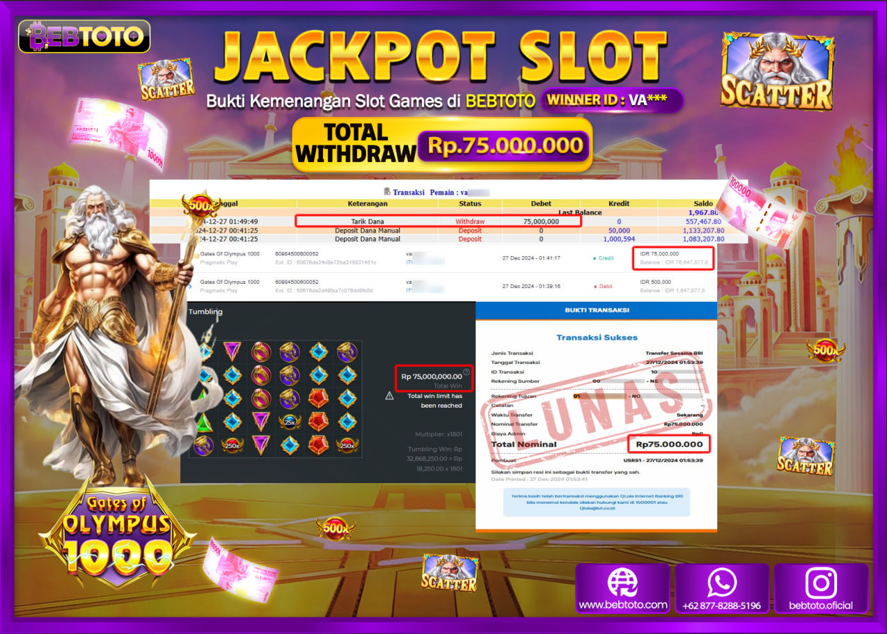 JACKPOT SLOT BEBTOTO GATES OF OLYMPUS 1000 Rp.75.000.000.,- LUNAS